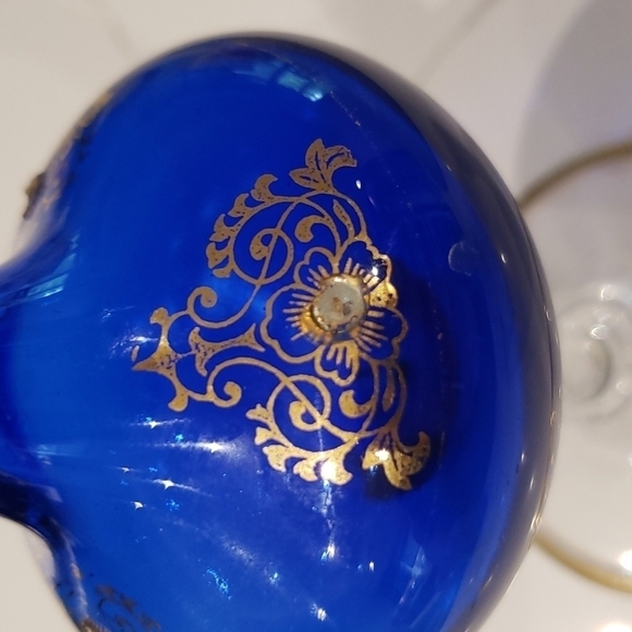 𝅺COBALT Blue Glass blown flute vase swirled foot gold gilded design 10.5" - Picture 8 of 10